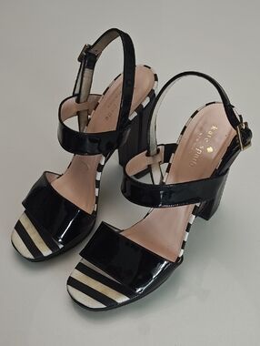 kate spade Black Patent Leather Block Heel Sandals with Striped Toe